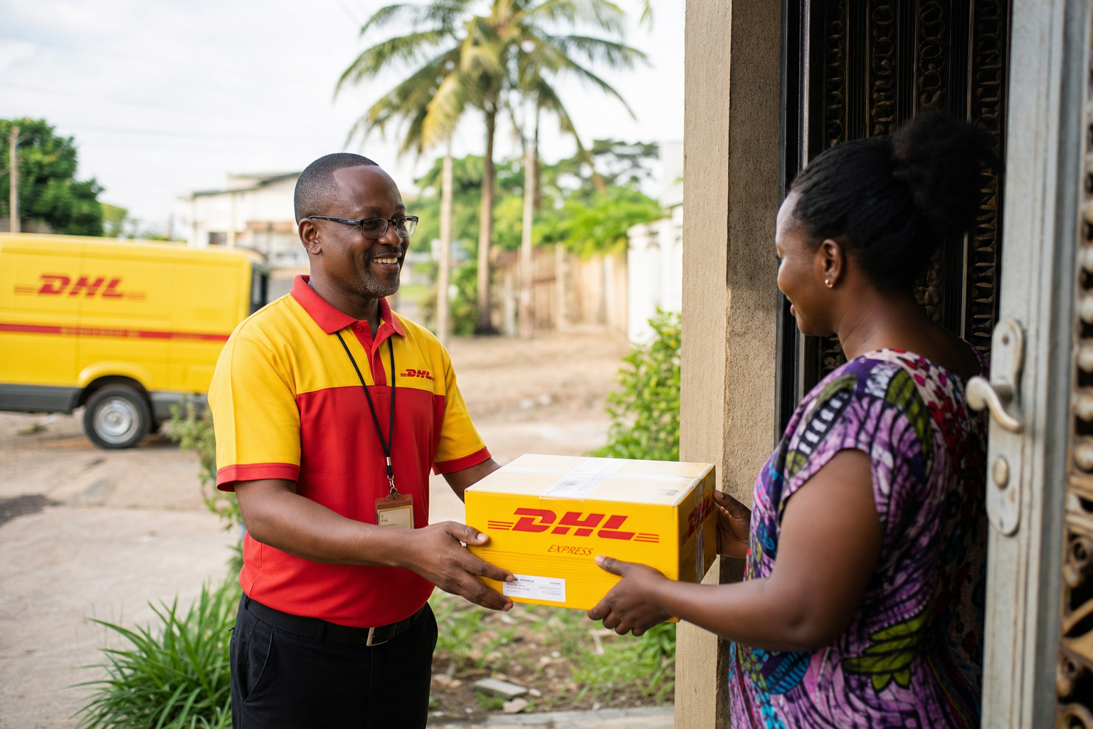 Agent DHL livrant un colis à un client au Cameroun