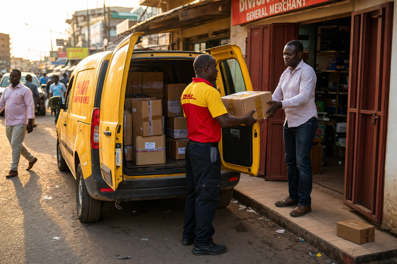 Agent DHL récupérant des colis chez un commerçant au Cameroun